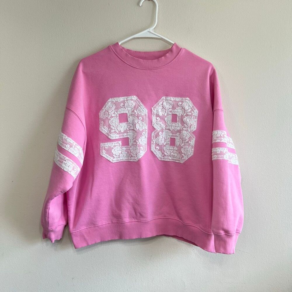LSPACE x Anthropologie Womens Lace 98 Graphic Pullover Sweater Pink White Sz XS